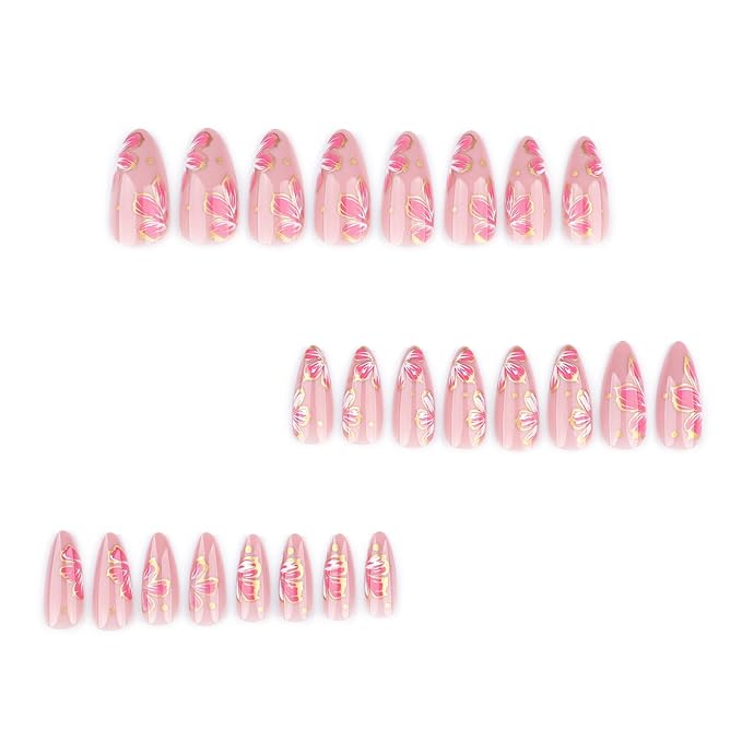 Flower Almond Press on Nails Medium Fake Nails with Golden Edge Design Glue on Nails Pink Floral Acrylic Nails Full Cover Stick on Nails Reusable Cute Glue on Nails Artificial Nails for Women 24Pcs