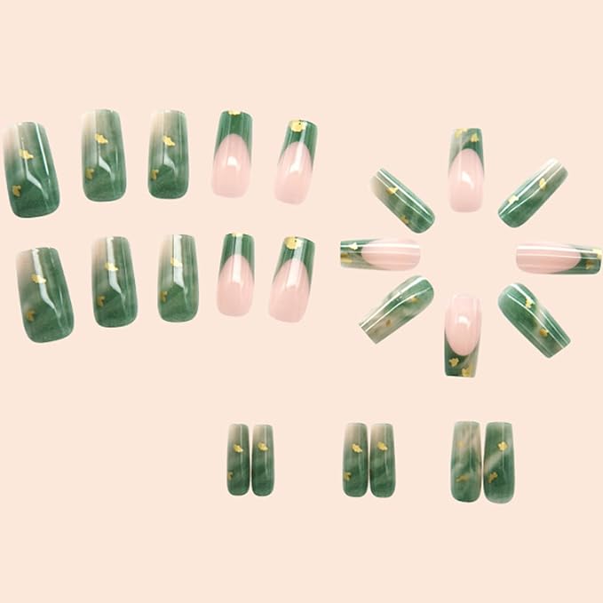 Hkanlre Medium Green Press on Nails French Fake Nails Tips Full Cover Square False Marble Nails for Women and Girls 24PCS