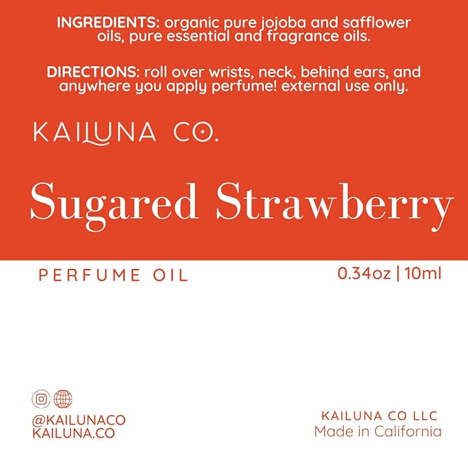 Sugared Strawberry Delicious Natural Essential and Fragrance Oil Roll On with Organic Jojoba Oil, Alcohol Free, Small Batch, Made in California, 0.34 Fl Oz