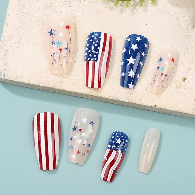 Fourth of July Press on Nails Long Square Fake Nails American Flag Stripe Design Independence Day False Nails Stars Stick on Nail Acrylic Full Cover Glue on Nail for Women DIY Salon Manicure Wear