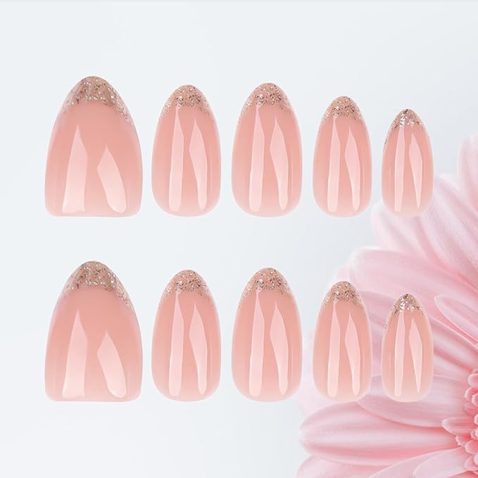 French Tips Medium Almond False Nail Simple Press on Nails Glossy Gold Glitter Stick on Nail 24Pcs Sparkly Gel Glue on Fingernails Acrylic Full Cover Fake Nails for Holiday Manicure Art