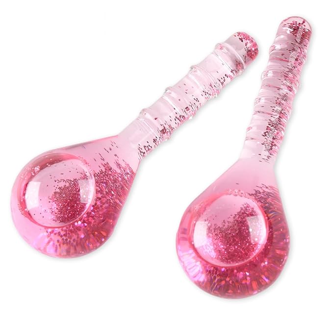 Lazzybeauty Ice Globes Facial Cooling Tools, Cryo Beauty Balls with Anti-Slip Handle for Face, Eyes & Neck, Soothing Cold Massage Tool for Relaxing & Refreshing Skincare Routine, Glitter Pink