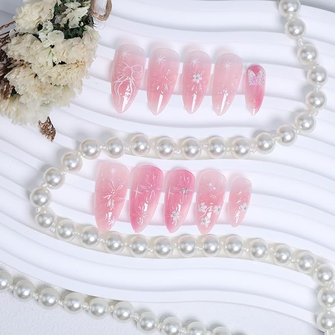 24Pcs Pink Press on Nails Medium Almond Fake Nails 3D Flower False Nails Cute Glossy Glue on Nails with Bow Designs Pink Almond Shaped Artificial Nails Full Cover Stick on Nails for Women Manicure