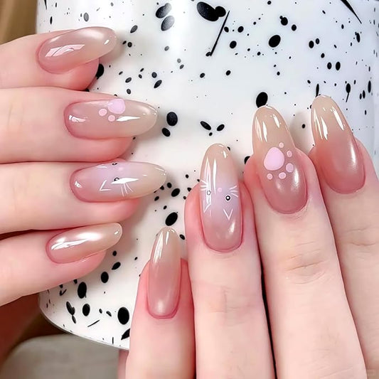 Nude Ombre Press On Nails Almond Medium, Cat Eye Fake Nails with Cute Cat Paw and Kitten Detail Design, Color-Shifting Glow, Reusable Glue On Nails Kit for Women, 24Pcs