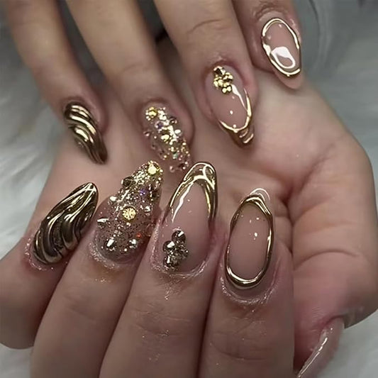 Almond Press on Nails Gold French Tip Fake Nails with Designs Chrome Acrylic Nails Glossy Nude Pink Full Cover Stick on Nails Artificial Almond Nails Tips False Nails for Women Manicure 24Pcs