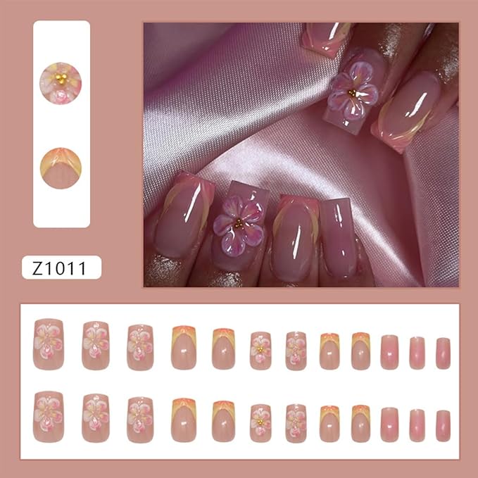French Tip Press on Nails Medium Square Fake Nails with Design Glossy Pink Nail Tips Artificial Glue on Nails 3D Handmade Press ons Flower Acrylic Nails Reusable Stick on Nails for Women 24 Pcs