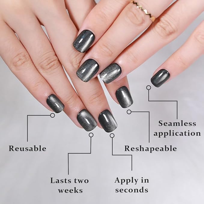 evpct Black Silver Cat Eye Press on Nails Short Square, Short Square Stick Glue on Nails for Women Gift, Silver Grey Gray Metallic Glitter Shimmer Reusable Gel Press on Acrylic Fake Nail with Design