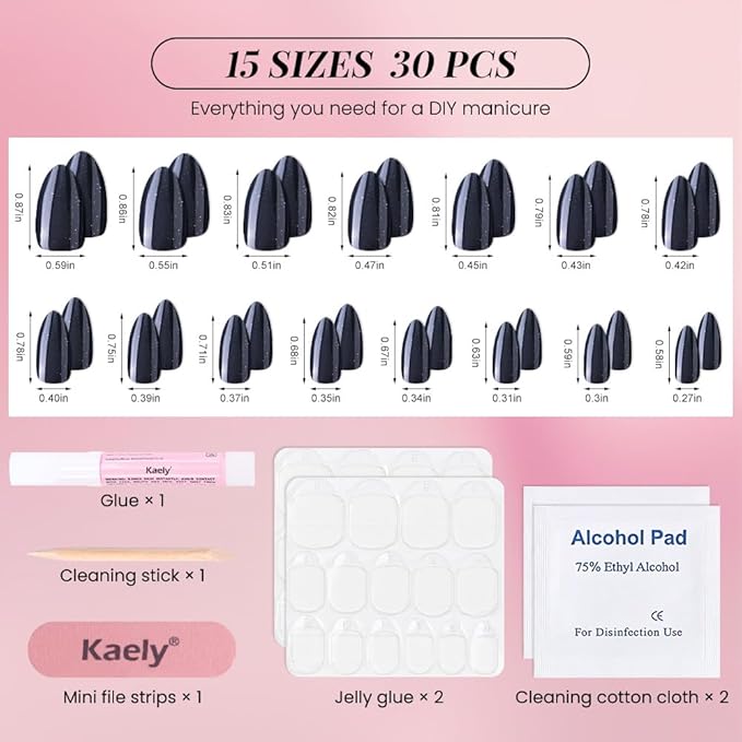 evpct Press on Nails Almond Short, Black Glitter Shimmer Shiny Short Almond Fake Nails for Women Gift, Soft Gel Press Glue On Nails with Nail Glue, 30Pcs Reusable Acrylic Fake Nail Manicure Kit