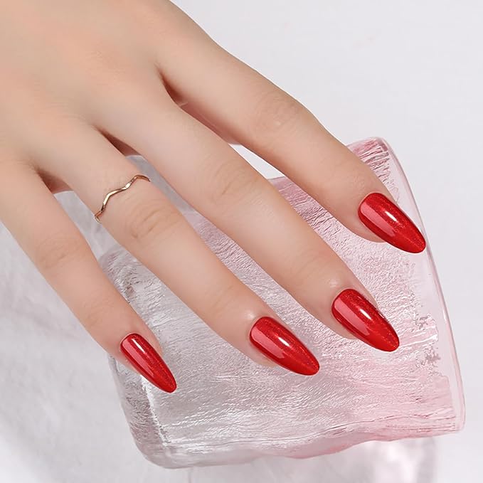 24Pcs Red Holographic Acrylic Press on Nails Short Almond - Reusable Fake Nails with Nail Glue Kit, Long Lasting Chameleon Static Nails for Women Daily Wear & Parties (Glossy Laser Design)