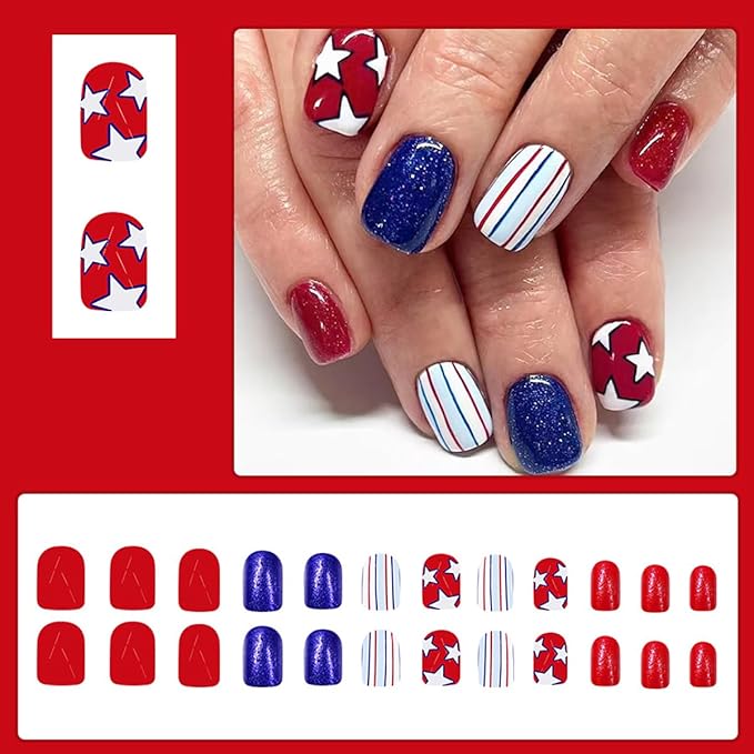 24Pcs Independence Day Press on Nails Short Fake Nails Star Full Cover Glue on Nails Patriotic False Nails Red Blue Stripes Square Artificial Stick on Nails for Women DIY 4th of July Acrylic Nails