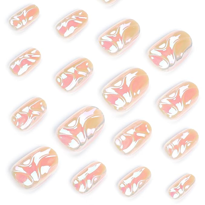 24 Pcs Almond Press on Nails Medium Length French Fake Nails with Aurora Designs Glue on Nails Full Cover Nude Acrylic Nails Summer False Nails 3D Lines Stick on Nails for Women Nail Supplies