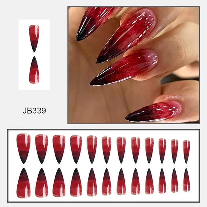 24Pcs Gothic Press on Nails Long Stiletto Fake Nails with Scary Bloody Designs Red Gradient French Tip Press Ons Halloween False Nails Glossy Full Cover Stick on Nails for Women Acrylic Manicure DIY