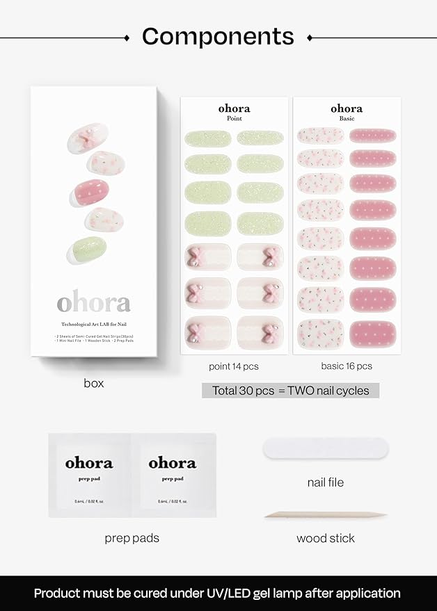 ohora Semi Cured Gel Nail Strips (N Bloom Bonbon) - Works with Any Nail Lamps, Salon-Quality, Long Lasting, Easy to Apply & Remove - Includes 2 Prep Pads, Nail File & Wooden Stick
