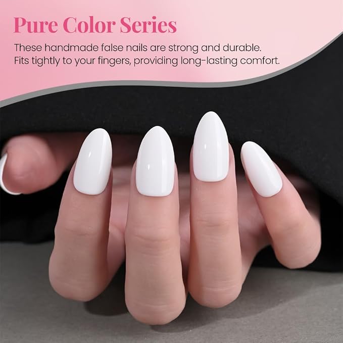 evpct Glossy Press on Nails Short Almond Short for Women, White Fake Nail with Glue Salon Quality Reusable Stick on Nails In 15 Sizes 30Pcs Full Cover False Nail Soft Gel Set Kit for Gift, 18