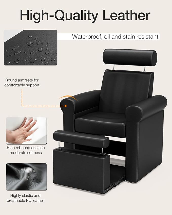 VARONXE Icoget Professional Pedicure Chair No Plumbing for Nail Tech, Reclining SPA Pedicure Station w/Adjustable Footrest & Headrest, Retractable Base Unite for Small Space, Black