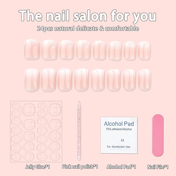 24 Pcs Gradient Pink White Press on Nails Short Square Shaped False Nails Full Cover Acrylic Nails Press ons Artificial Nails Cute Glue on Nails Pure Color Stick on Nail for Women Manicure Decoration