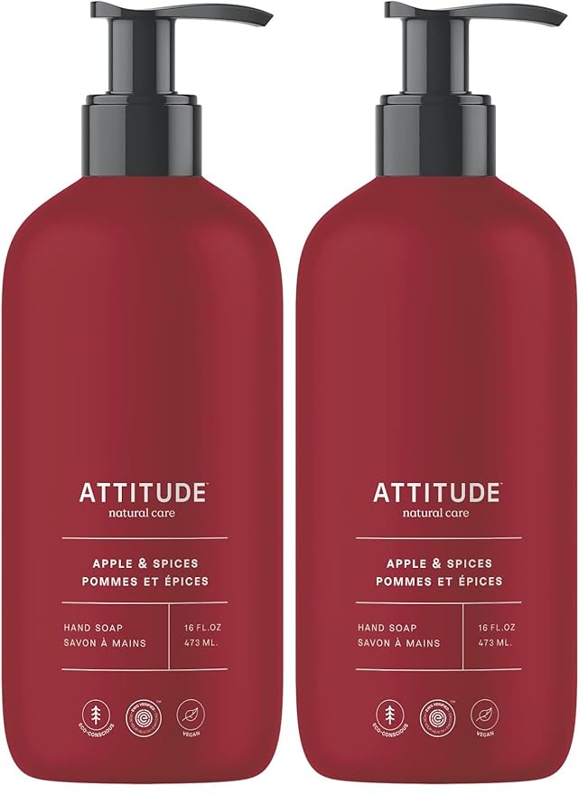 ATTITUDE Liquid Hand Soap, EWG Verified, Plant and Mineral-Based, Vegan Personal Care Products, Apple & Spices, 16 Fl Oz (Pack of 2)