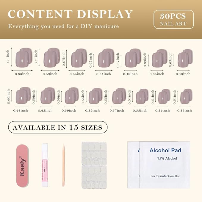 evpct Acrylic Taupe Glossy Press on Nails Short Square, Glossy Taupe Fake Nails Reusable False Nail Stick Glue on Press ons for Women Gifts, Perfectly Fit Durable False Nail Kit with Gel Glue 30Pcs