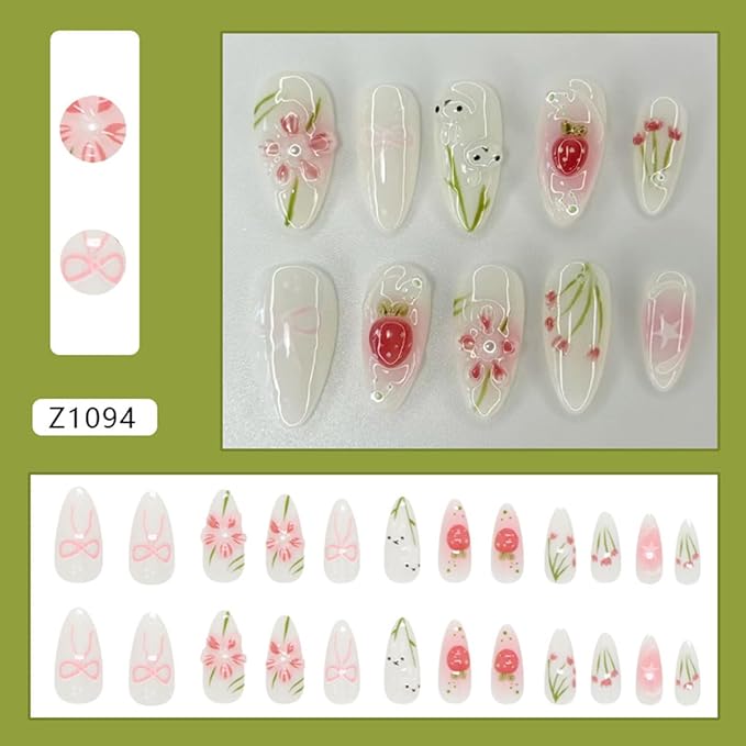 24Pcs Almond Press on Nails Medium 3D Flower Fake Nails Cute Rabbit False Nails Tulip Strawberry Bow Glue on Nail Full Cover Spring Summer Acrylic Artificial Nails for Women Manicure Decoration