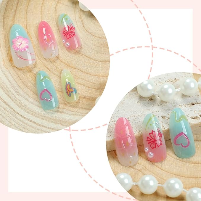 Summer Press on Nails Medium Almond Fake Nails Ocean Beach Nails Design 3D Colorful Flower False Nails Pearl Starfish Butterfly Artificial Acrylic Nails Glossy Full Cover Glue on Nails for Women 30Pcs