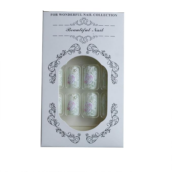 24Pcs White Flower Press on Nails Medium Square Fake Nails with 3D Pearl Design Spring False Nails Full Cover Artificial Glue on Nails Cute Stick on Nails Glitter Nail Supplies for Women DIY Manicure