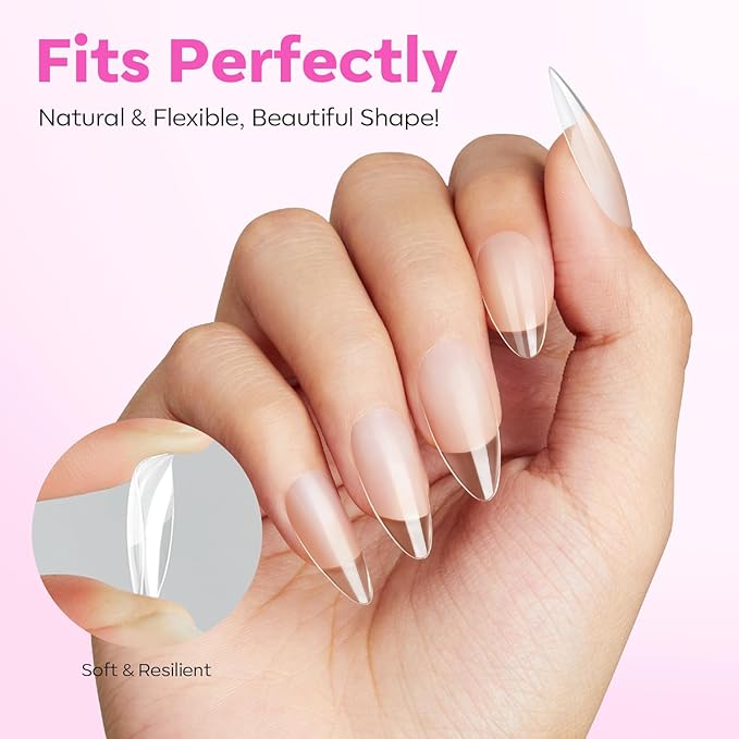 modelones Pointed Almond Nail Tips, Medium Pre-shaped Soft Gel Tips Fake Nails False Acrylic Clear Full Cover Press on Extension Gel Kit Manicure DIY at Home 216PCS 12Sizes