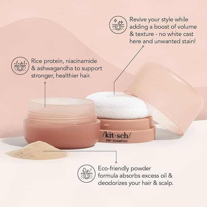 Kitsch Dry Shampoo Powder with Rice Protein for Women & Men - Unscented, Volumizing, No White Cast,Organic, Paraben Free & Benzene Free, Non Aerosol for Oily and Light Hair, Travel Size - 8g