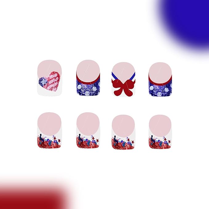 48Pcs Independence Press on Nails Short Square Fake Nails Kit 4th of July with Red White Stripes Star Sequin Glitter Design,Glossy False Nails American Flag Press on Patriotic Stick on Nail for Women