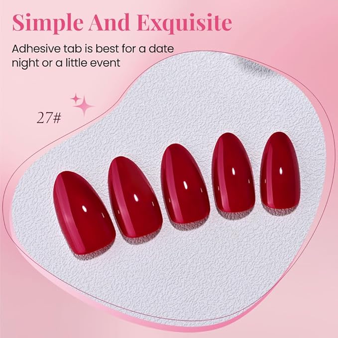 evpct Glossy Press on Nails Short Almond Short for Women, Dark Red Fake Nail with Glue Salon Quality Reusable Stick on Nails In 15 Sizes 30Pcs Full Cover False Nail Soft Gel Set Kit for Gift, 27