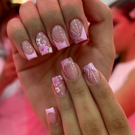 French Tip Press on Nails Short Square Fake Nails Pink Flower False Nails with Design Glitter Line Glue on Nails Full Cover Acrylic Nails Stick on Nails for Women Girls Manicure 24 Pcs