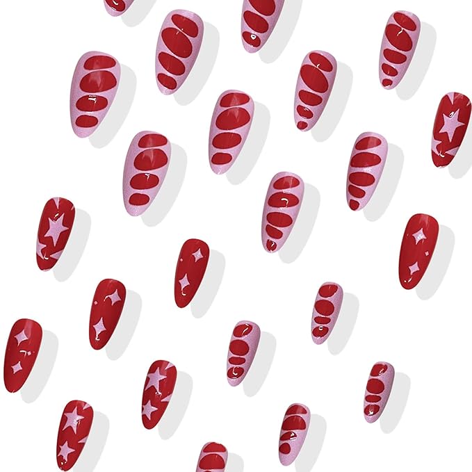 IMRAIN Medium Press on Nails Almond Fake Nails Red Pink False Nails with Star Designs Glossy Full Cover Acrylic Stick on Nails for Women Girls 24Pcs