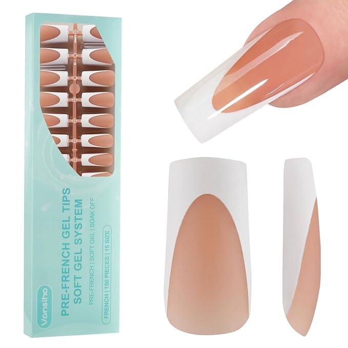 Vansiho Deep Gel Nail Tips - 150pcs Long Square Tips, Brown French Tips, Press On Nails for DIY Nail Art, 15 Sizes