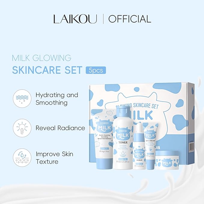 LAIKOU Skin Care Set, Skin Care Routine Kit for Women, Skincare Gift Set, Travel Size Toiletries with Milk Cleanser, Toner, Serum, Eye Cream, Face Cream Mother's Day Christmas Birthday Daughter Wife