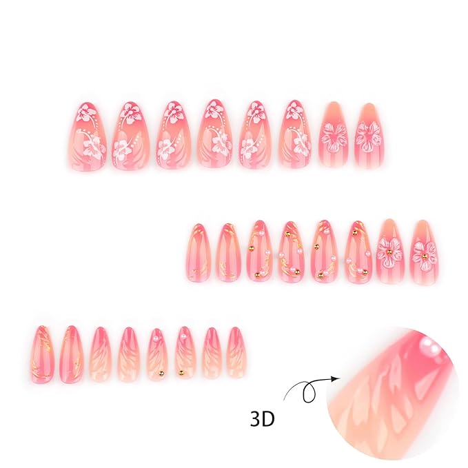 24Pcs Cute Flower Press on Nails Almond Medium Fake Nails with 3D Floral Gold Beads Design Pink False Nail Tips Glossy Glue on Nail Summer Full Cover Acrylic Stick on Nail for Women