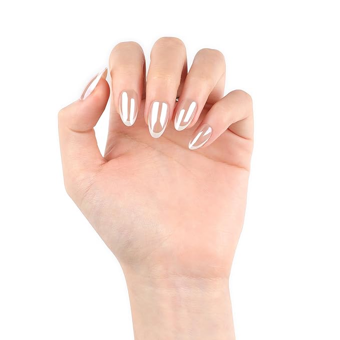 Press On Nail, French Tip Chrome Acrylic Press On Nails Short Almond, Designer Reusable Glazed Fake Nails, Glossy Soft Gel Nails Wedding and Party, Stick On Glue On Nails Press Ons for Women