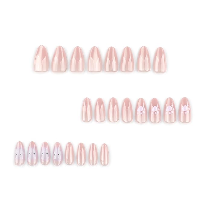 Nude Ombre Press On Nails Almond Medium, Cat Eye Fake Nails with Cute Cat Paw and Kitten Detail Design, Color-Shifting Glow, Reusable Glue On Nails Kit for Women, 24Pcs