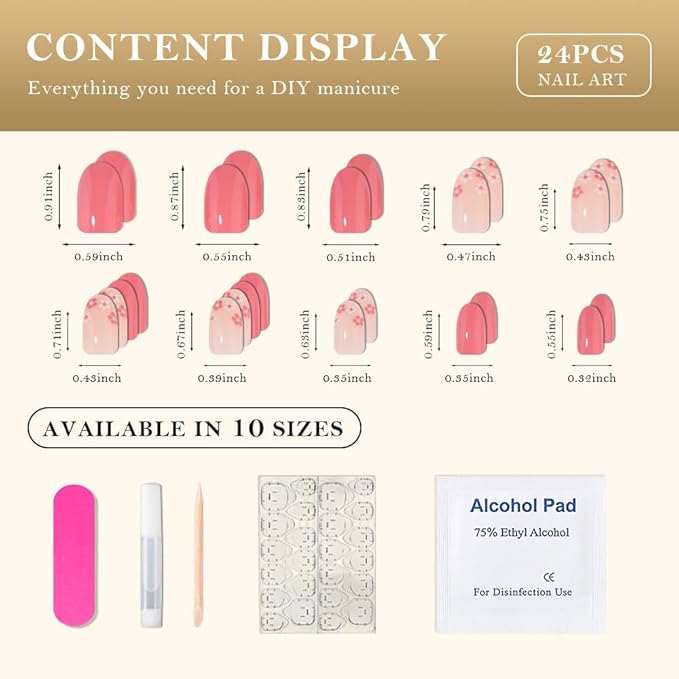 evpct Press on Nails Oval Short, Nude Rose Red Press on Fake Nails with Floral Designs Reusable Stick on Nails for Gift, Soft Gel Press Glue On False Nail 2 Colors in 1 Supremely Fit Full Cover 24Pcs