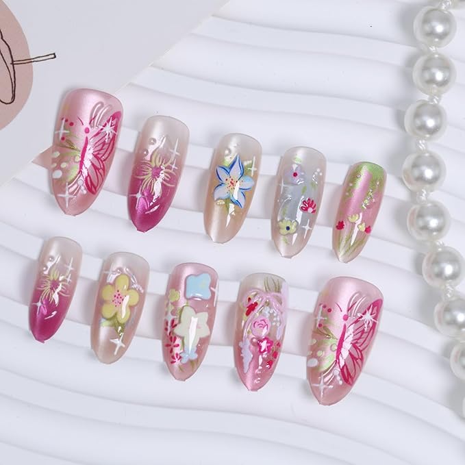 30Pcs Colorful Flower Press on Nails Medium Almond Fake Nails Butterfly Flower Press Ons with Pearl Rhinestones Glitter Full Cover Stick on Nail Cute False Nails Glue on Nails for Women Manicure Tips