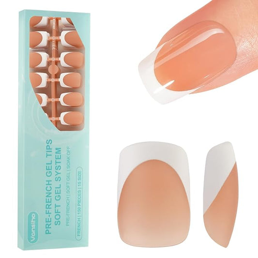 Vansiho French Gel Nails - 150Pcs Short Square Tips, Brown, Soft Gel, Press On, DIY Nail Art Kit 15 Sizes