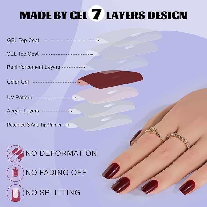 Press On Nails Short - Jofay Fashion Acrylic Press On Nails Red, Square Glue On Nails with Nail Glue, Fit Perfectly & Natural Stick On Nails in 16 Sizes - 32PCS Soft Gel Kit, Wine Red