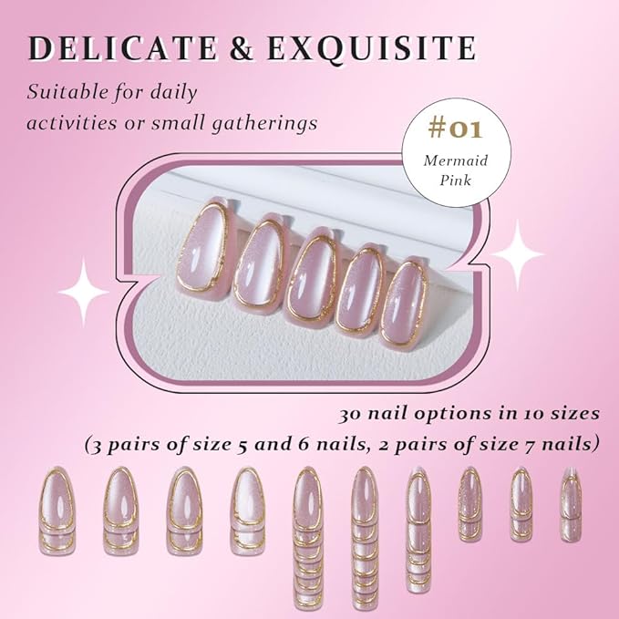 3D Gold Line French Tips Press On Nails Medium Almond, Gold French Tip Cat Eye Press-On Nails, Designer Reusable Acrylic Fake Nail With Glue On Nails, Nails Press Ons False Nails For Women