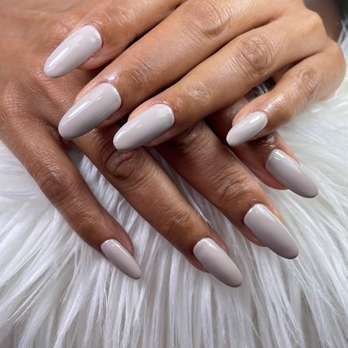 Press On Nails Almond, WOOYAS Medium Length Fake Nails Light Purple Grey Glue On Nails Full Cover False Nails with Nail Glue Adhesive Tabs, 24Pcs Reusable Nails Kit for Women