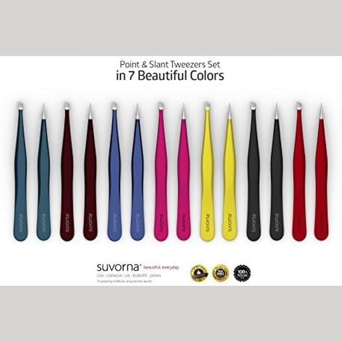 Suvorna Professional Tweezers for women facial hair - Sharp Pointed Tweezer & Slanted Eyebrow Tweezers for Women - Eyebrow Tweezer for Women, Lash tweezers and Splinter removal (4-inch size, Blue)