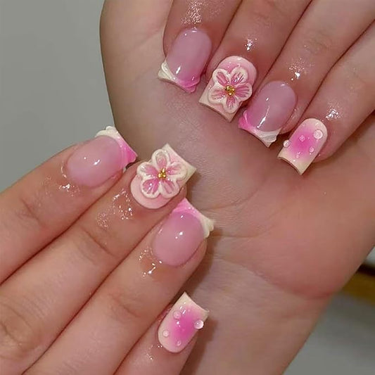 3D Flower Press on Nails Short Square French Tip Fake Nails with Designs Summer Nails Kit Flowers Acrylic Nail Tips False Nails Cute Stick on Nails Full Cover Artificial Glue on Nails for Women 24Pcs