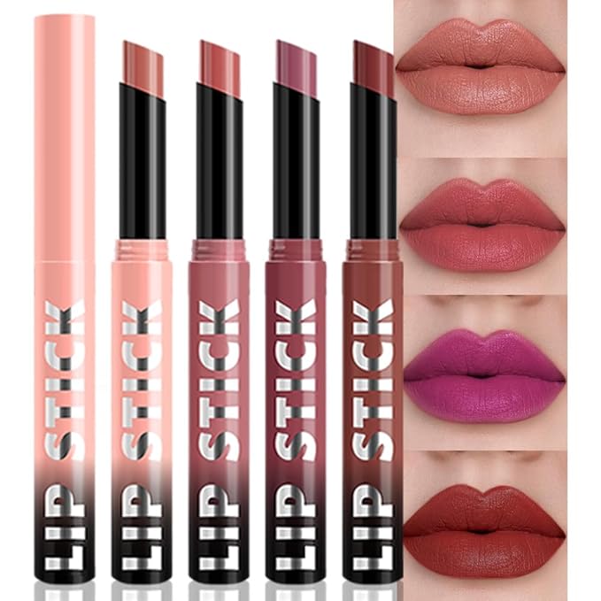 4Pcs Matte Lipstick Crayon Set for Women, Neutral Lip Stick Pencil 24 Hour Long Lasting Waterproof, Non-Drying Hydrating Formula Lip Gloss Makeup, Vegan & Cruelty-Free, 01