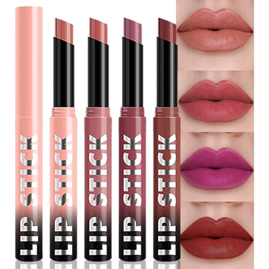4Pcs Matte Lipstick Crayon Set for Women, Neutral Lip Stick Pencil 24 Hour Long Lasting Waterproof, Non-Drying Hydrating Formula Lip Gloss Makeup, Vegan & Cruelty-Free, 01