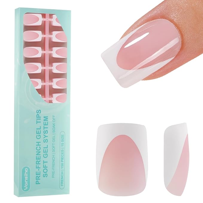 Vansiho Deep French Gel Nail Tips, 150Pcs Short Square Gel Nail Tips, Pink French Tips Press on Nails, Soft Gel Nails French Square Gel Tips, Fake Nails for Nail Art DIY 15 Sizes