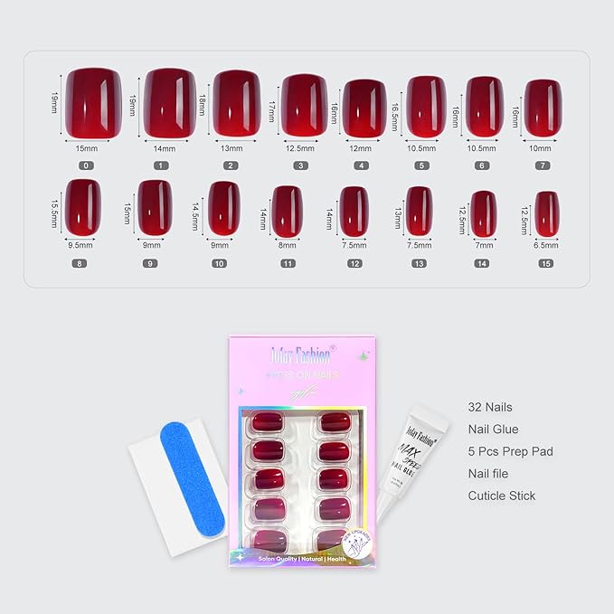 Press On Nails Short - Jofay Fashion Acrylic Press On Nails Red, Square Glue On Nails with Nail Glue, Fit Perfectly & Natural Stick On Nails in 16 Sizes - 32PCS Soft Gel Kit, Wine Red