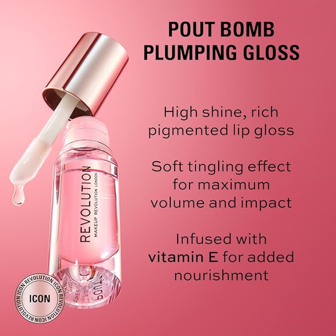 Revolution, Pout Bomb Plumping Lip Gloss, High Shine, Rich Glossy Pigment, Infused with Vitamin E, Cookie Deep Nude, 0.15 fl oz (Pack of 2)