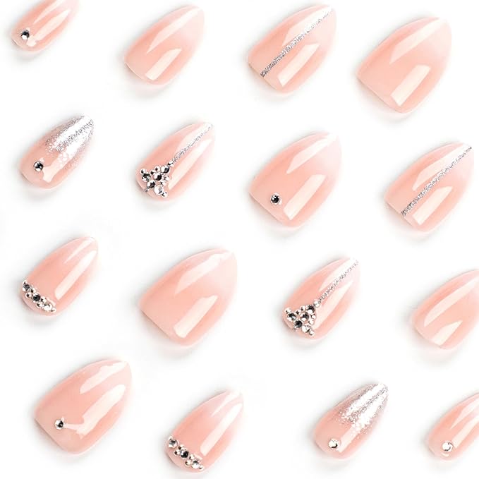 Almond Medium Nude False Nails - White Gradation, Glitter Rhinestones, French Design, Glossy Full Cover Acrylic, Stick On, Women's Nail Decoration